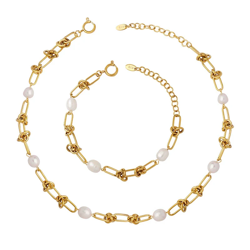 Wholesale Women's Geometric Titanium Steel Gold Plated Freshwater Pearl Kink Chain Necklace Bracelet Earrings Jewelry Set - Image 4