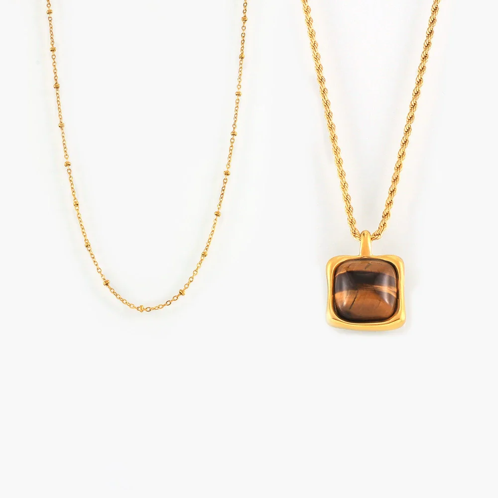 Wholesale Women's Geometric Titanium Steel Inlaid Tiger's Eye Stone Pendant Necklace With 18K Gold Plated Electroplating And Twist Chain - Image 5