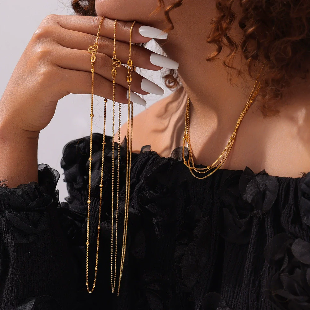 Wholesale Women's Geometric Titanium Steel Necklace With Round Beads And Snake Bone Chain Fashion Electroplated Design