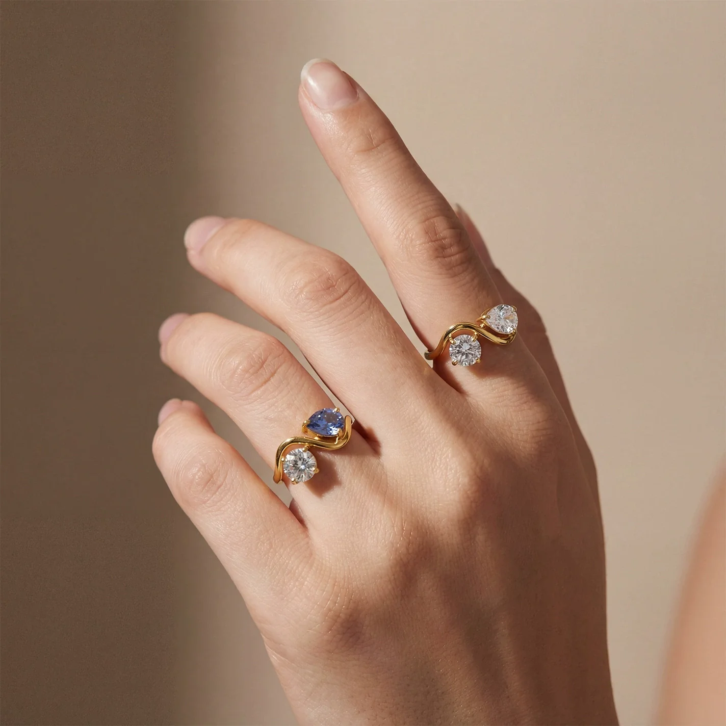 Wholesale Women's Geometric Water Drop Zircon Double Ring Titanium Steel Electroplated Jewelry Accessories
