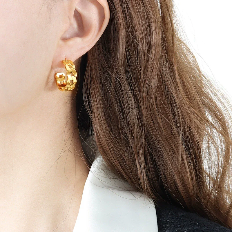 Wholesale Women's Geometric Woven Hollow Ring Metal Chain Earrings Titanium Steel 18K Gold Plated - Image 5