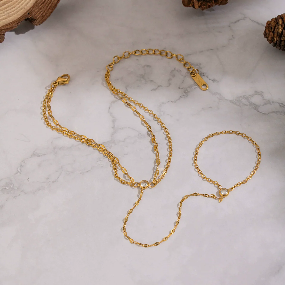 Wholesale Women's Geometric Zircon Finger Chain Bracelet Real Gold Plated Stainless Steel