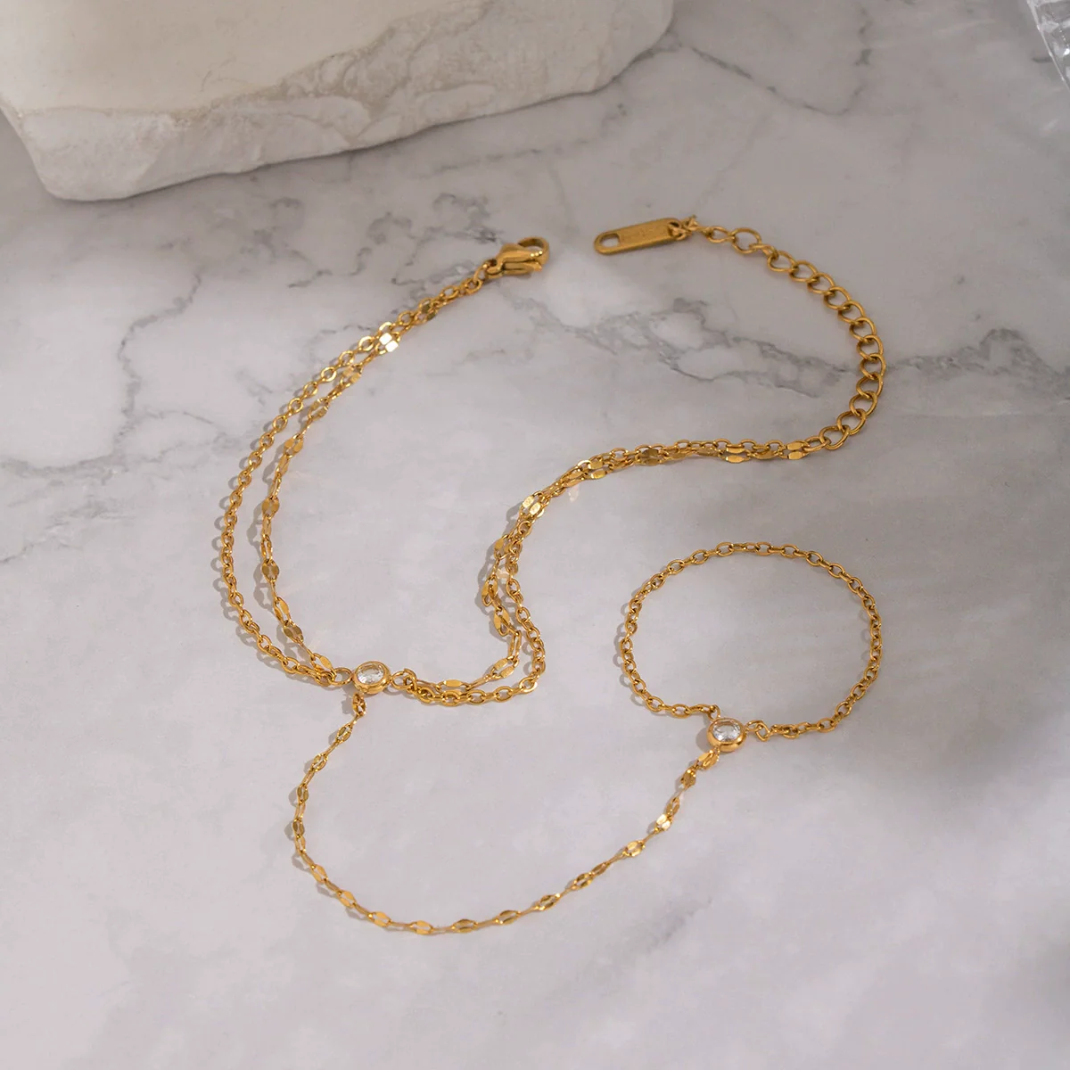 Wholesale Women's Geometric Zircon Finger Chain Bracelet Real Gold Plated Stainless Steel - Image 2