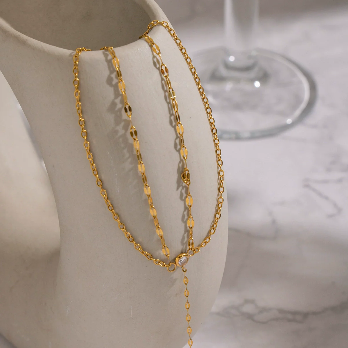 Wholesale Women's Geometric Zircon Finger Chain Bracelet Real Gold Plated Stainless Steel - Image 3