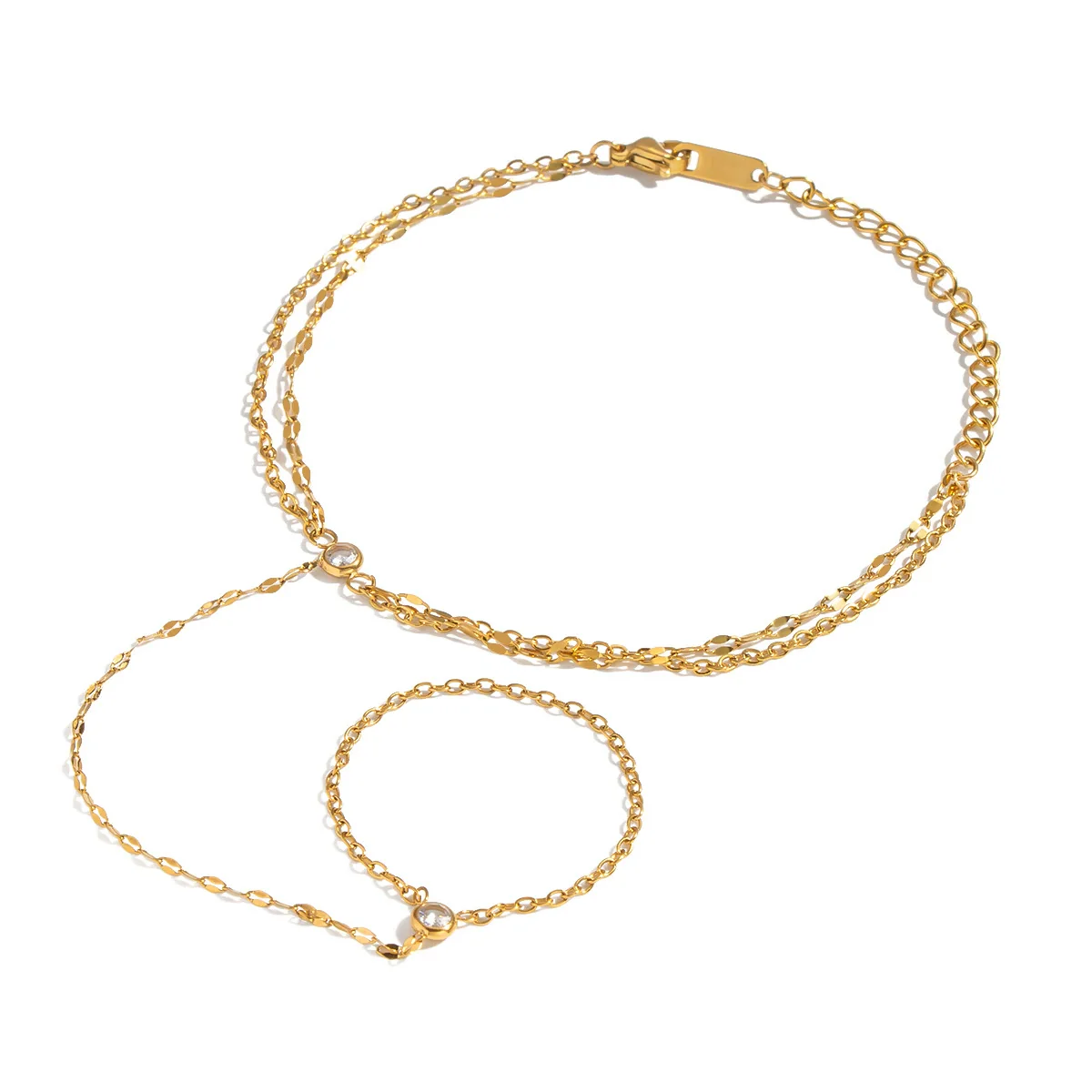 Wholesale Women's Geometric Zircon Finger Chain Bracelet Real Gold Plated Stainless Steel - Image 5