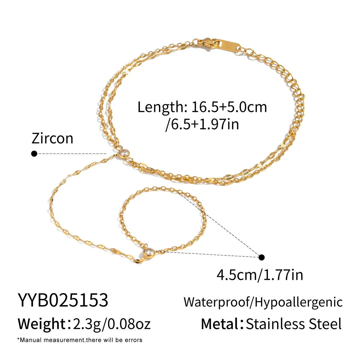 Wholesale Women's Geometric Zircon Finger Chain Bracelet Real Gold Plated Stainless Steel - Image 6