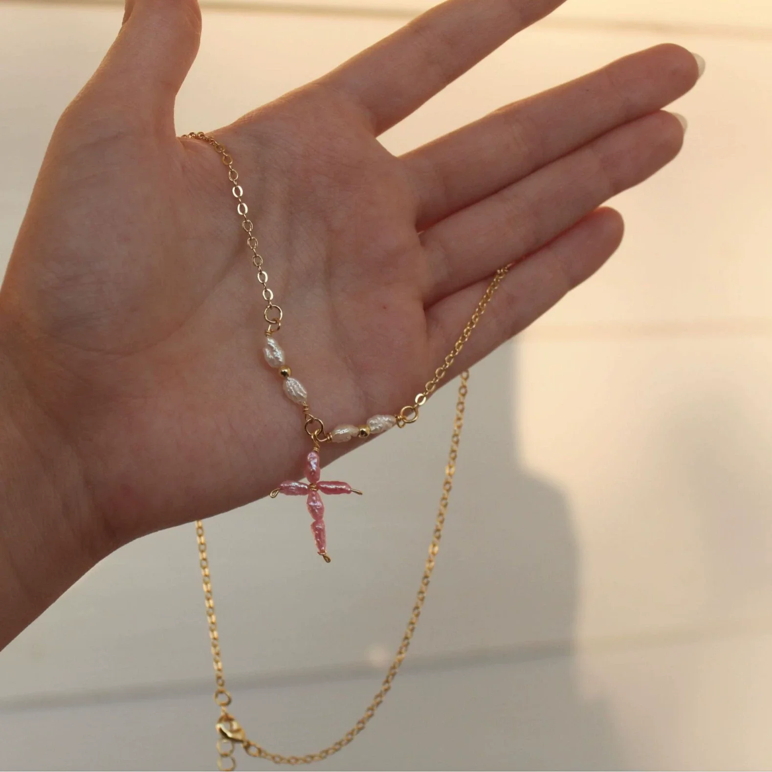 Wholesale Women's Gold Electroplated Stainless Steel Pearl Cross Pendant Necklace