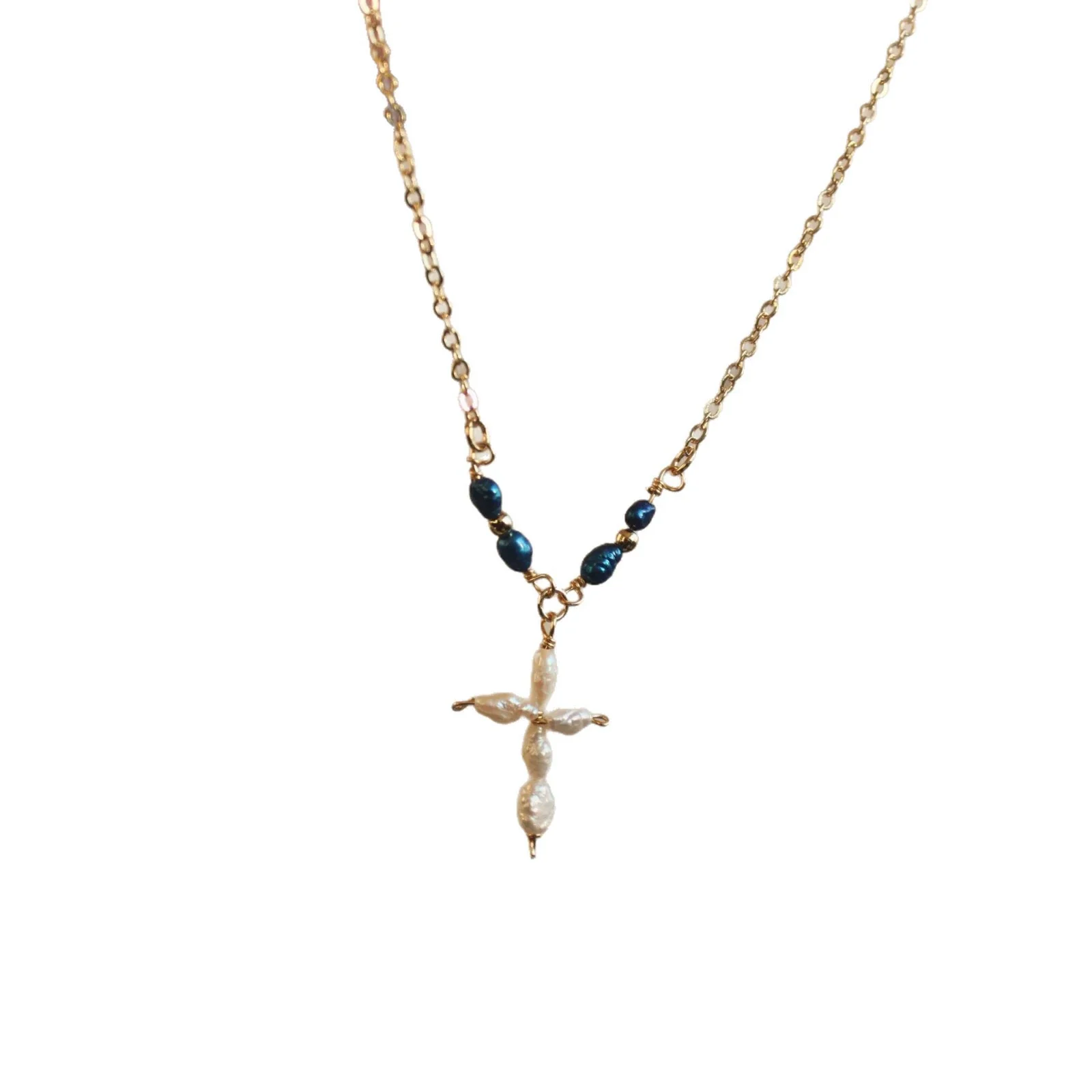 Wholesale Women's Gold Electroplated Stainless Steel Pearl Cross Pendant Necklace - Image 5