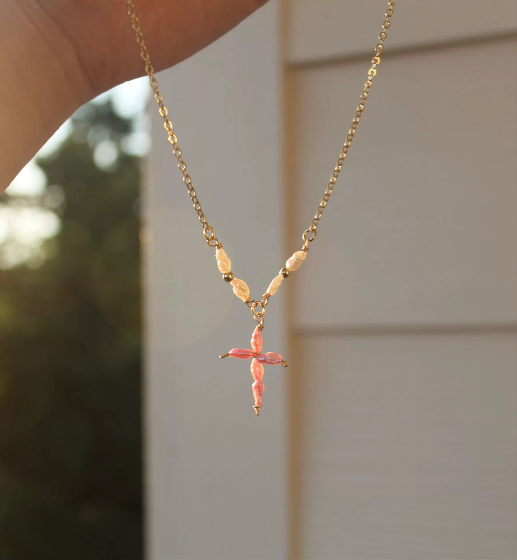 Wholesale Women's Gold Electroplated Stainless Steel Pearl Cross Pendant Necklace - Image 8