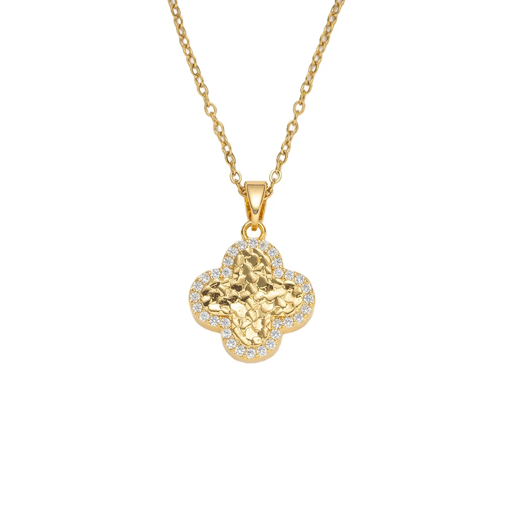 Wholesale Women's Gold Plated Copper And Zircon Fourleaf Clover Pendant Necklace With O Word Chain Light Luxury Style - Image 5