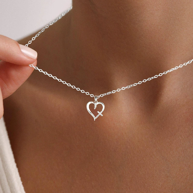 Wholesale Women's Gold Plated Copper Heart Shaped Clavicle Chain Necklace With Cross Inlay And Electroplating Treatment - Image 2