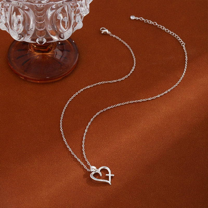 Wholesale Women's Gold Plated Copper Heart Shaped Clavicle Chain Necklace With Cross Inlay And Electroplating Treatment - Image 3