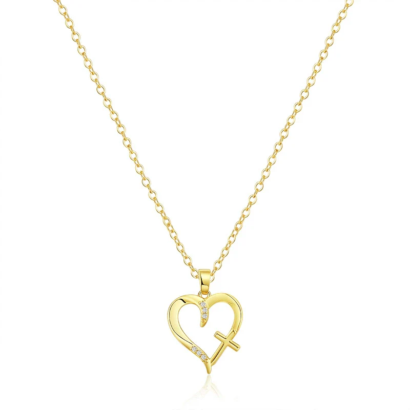 Wholesale Women's Gold Plated Copper Heart Shaped Clavicle Chain Necklace With Cross Inlay And Electroplating Treatment - Image 5