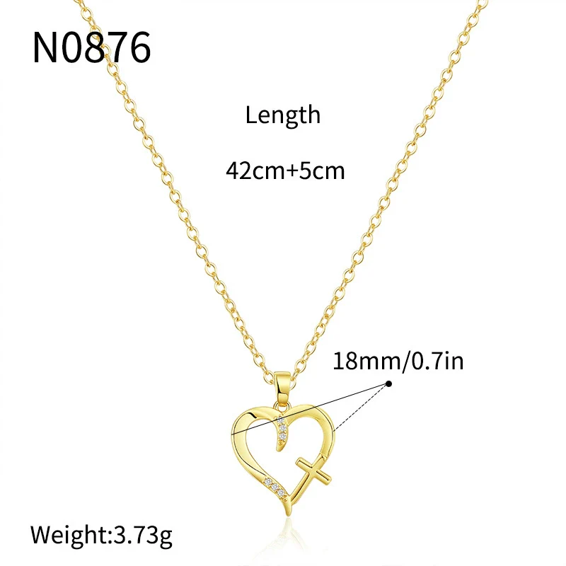 Wholesale Women's Gold Plated Copper Heart Shaped Clavicle Chain Necklace With Cross Inlay And Electroplating Treatment - Image 6