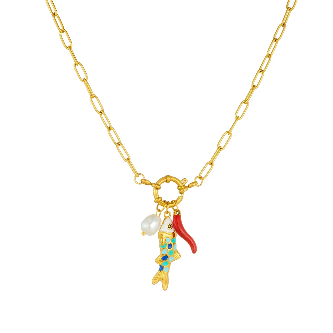 Wholesale Women's Gold Plated Stainless Steel Ocean Cartoon Oil Drop Fish And Chili Pendant Necklace With Round Spring Buckle And Cross Chain - Image 5
