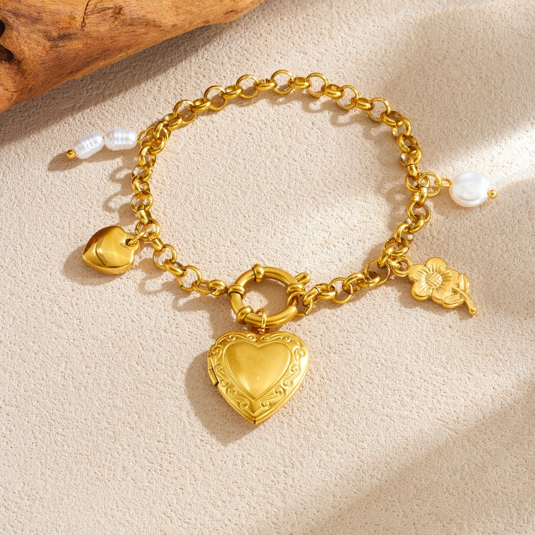Wholesale Women's Goldplated Carved Stainless Steel Heart Shape Pendant Bracelet - Image 2