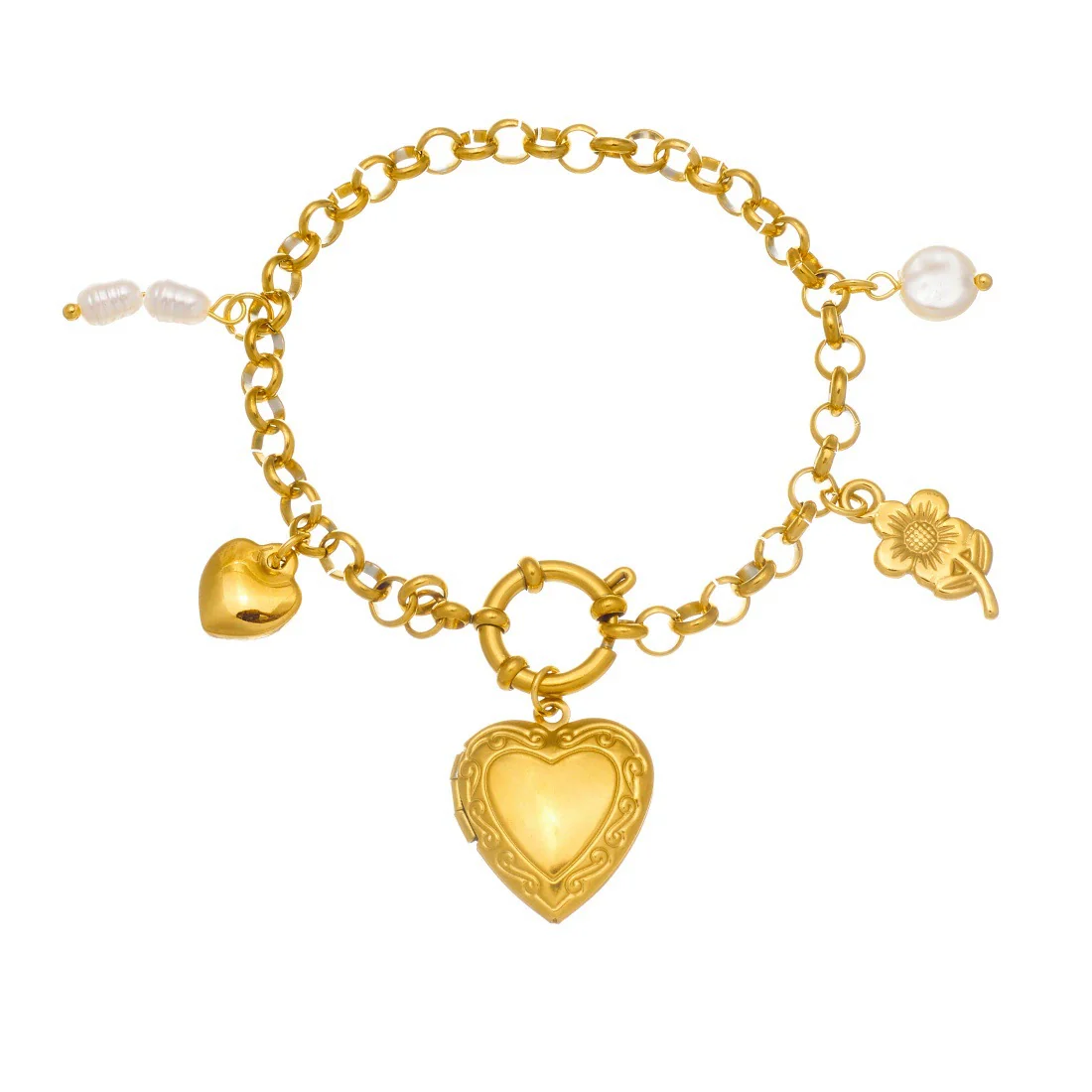 Wholesale Women's Goldplated Carved Stainless Steel Heart Shape Pendant Bracelet - Image 5