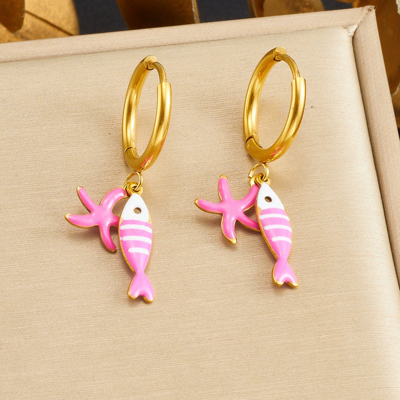 Wholesale Women's Goldplated Enamel Cartoon Animal Zodiac Fishbone Starfish Earrings Stainless Steel - Image 2