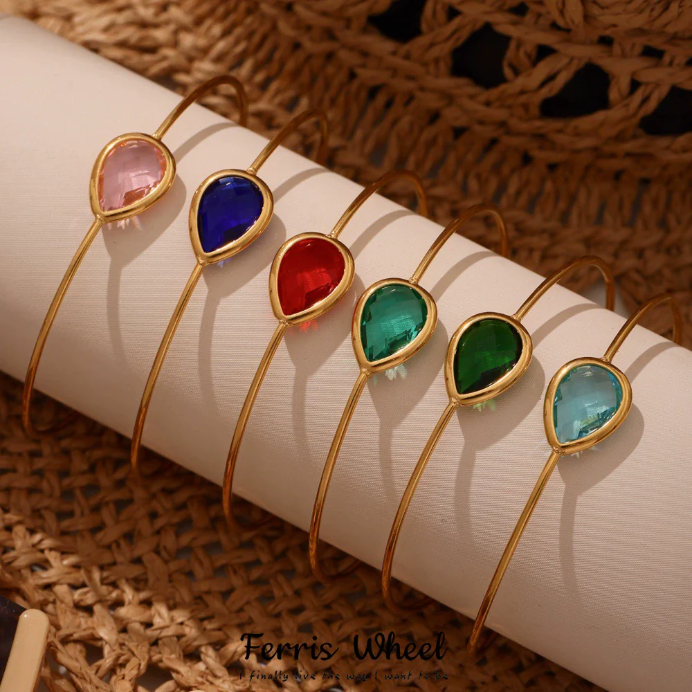 Wholesale Women's Goldplated Stainless Steel And Glass Stone Ferris Wheel Dropshaped Open Bracelet In Geometric Light Luxury Style