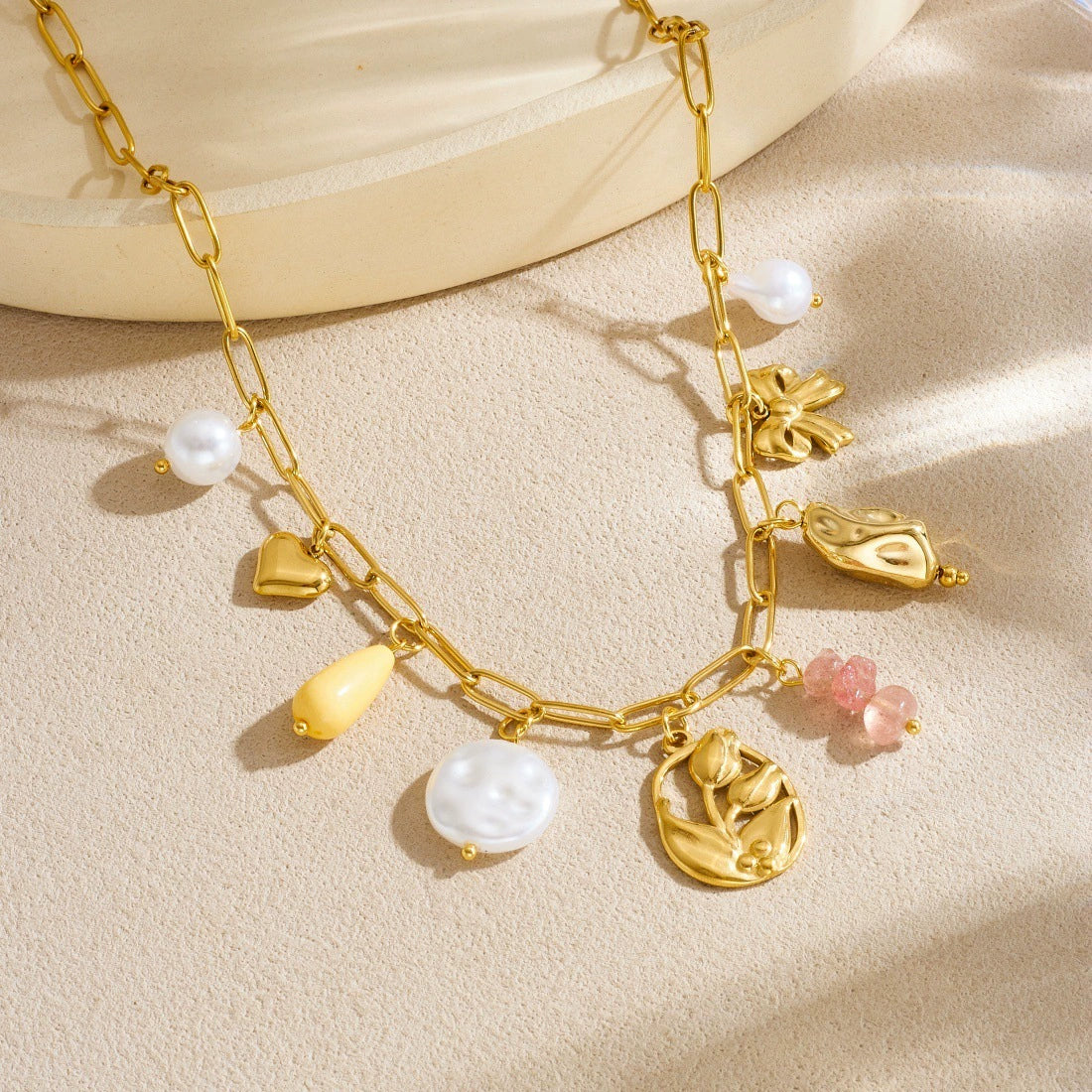 Wholesale Women's Goldplated Stainless Steel Floral Geometric Pendant Necklace With Flat Cross Chain