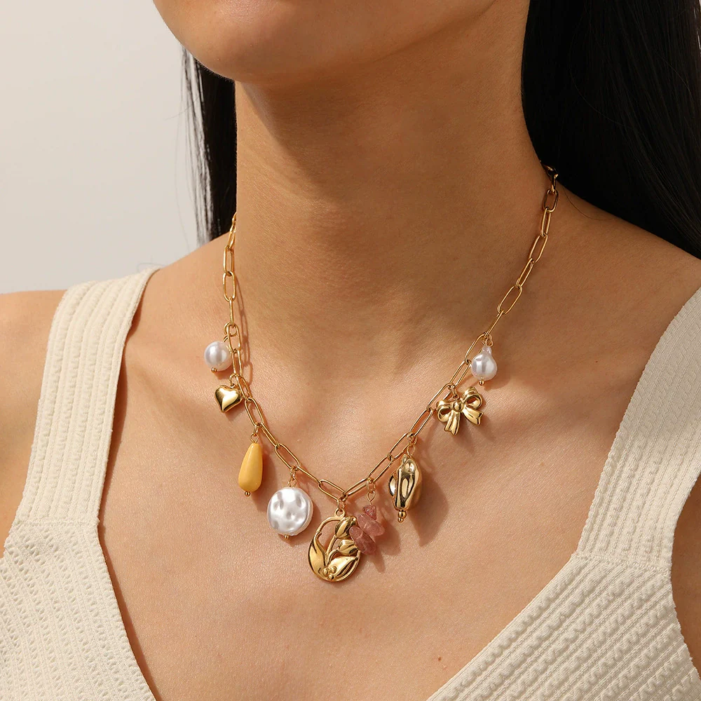Wholesale Women's Goldplated Stainless Steel Floral Geometric Pendant Necklace With Flat Cross Chain - Image 3