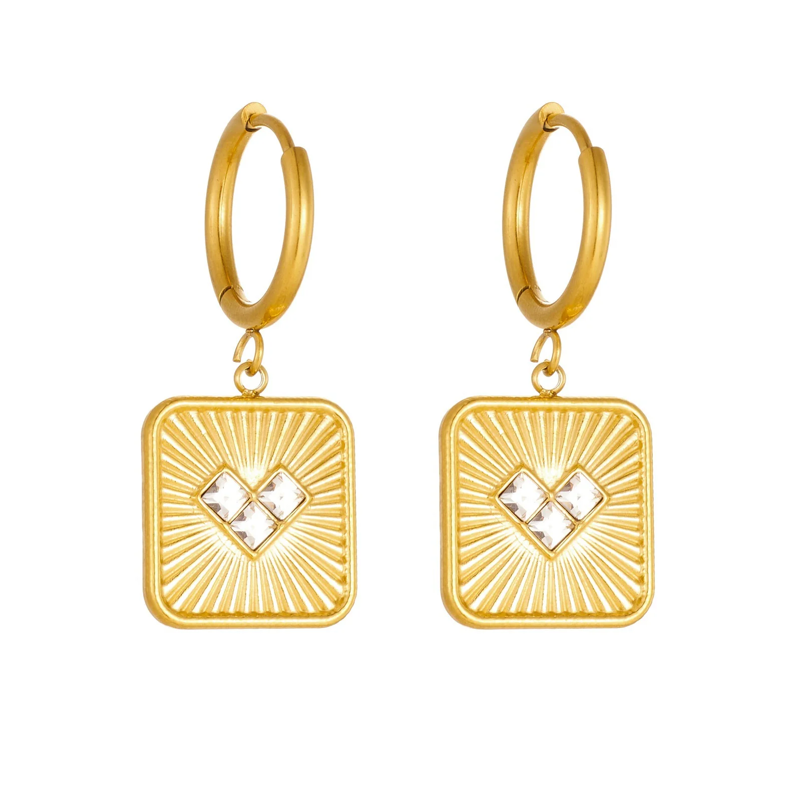 Wholesale Women's Goldplated Stainless Steel Geometric Heartshaped Diamondencrusted Earrings With Square Pendants And Ear Hoops - Image 5