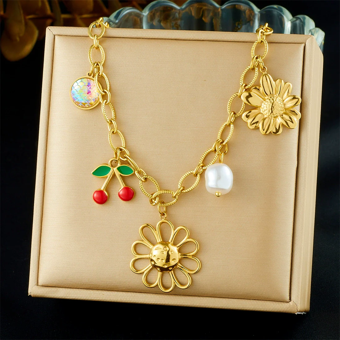 Wholesale Women's Goldplated Stainless Steel Heart Shape And Flower Pattern Hollow Pendant Necklace With Cross Chain - Image 9