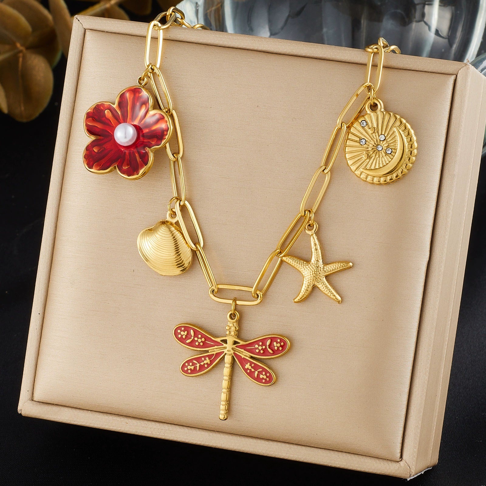 Wholesale Women's Goldplated Stainless Steel Insect And Flower Pattern Flat Cross Chain Necklace