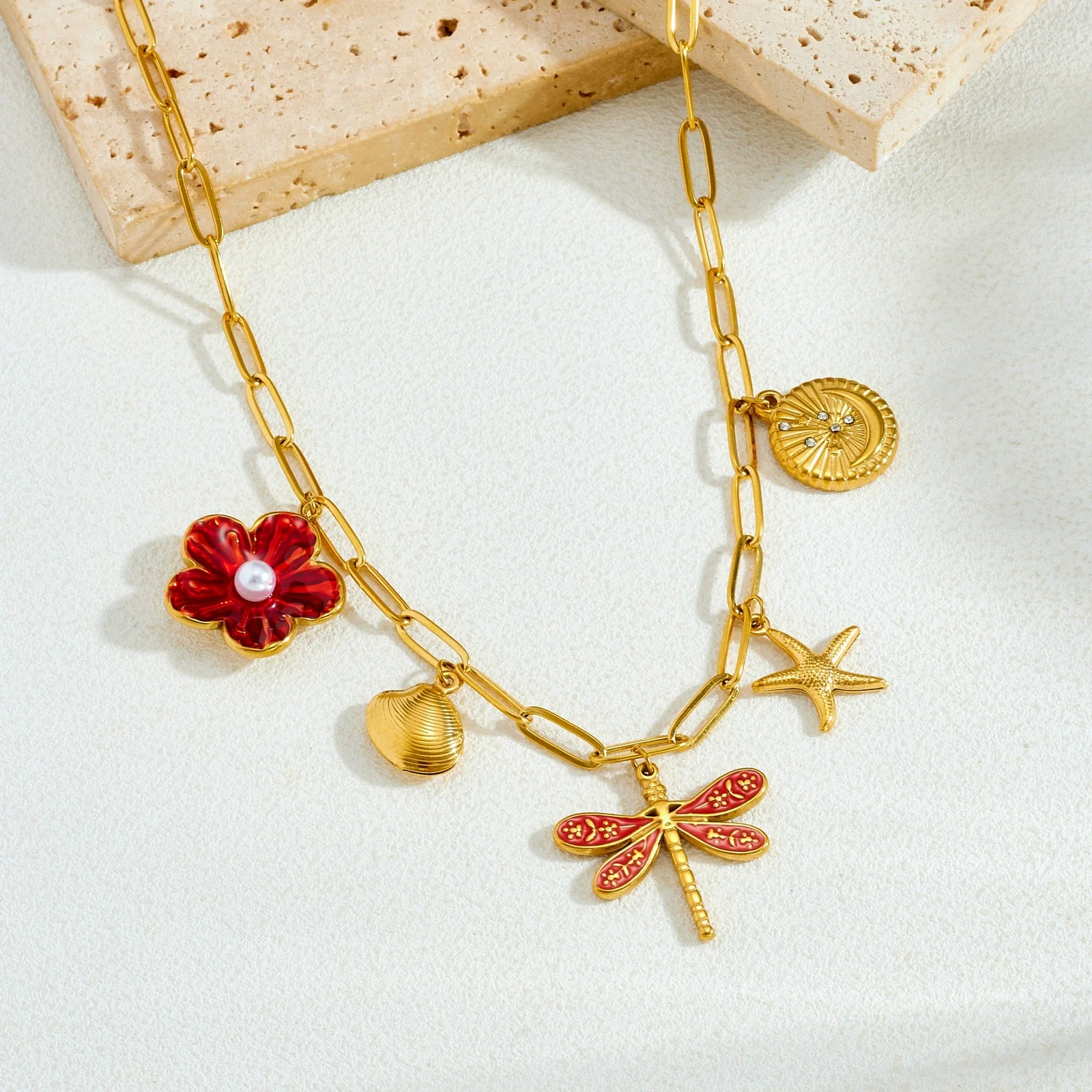 Wholesale Women's Goldplated Stainless Steel Insect And Flower Pattern Flat Cross Chain Necklace - Image 3