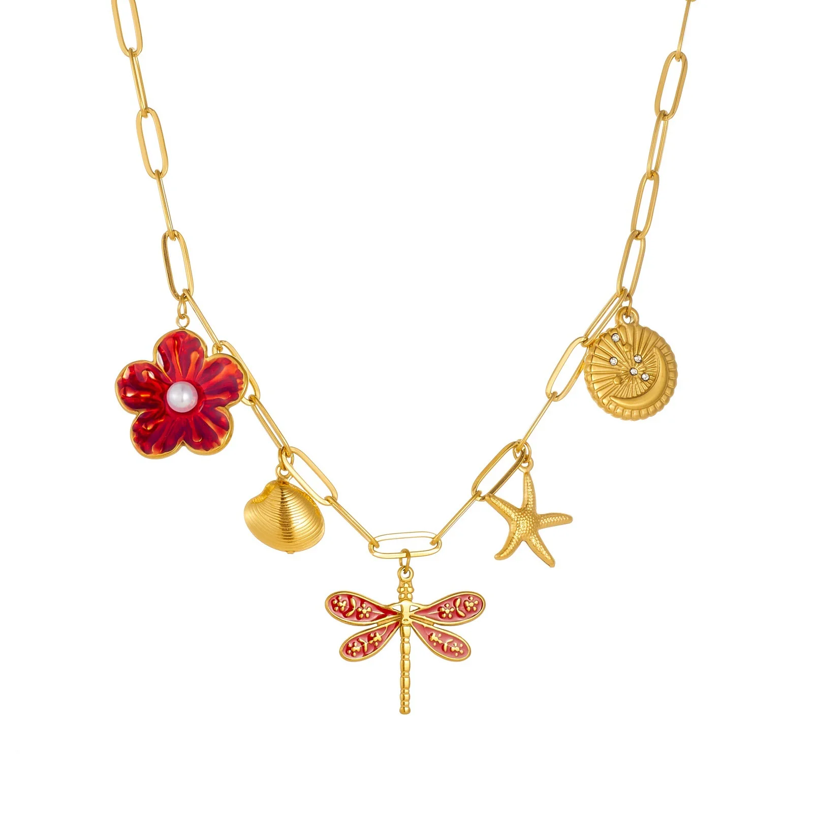 Wholesale Women's Goldplated Stainless Steel Insect And Flower Pattern Flat Cross Chain Necklace - Image 5