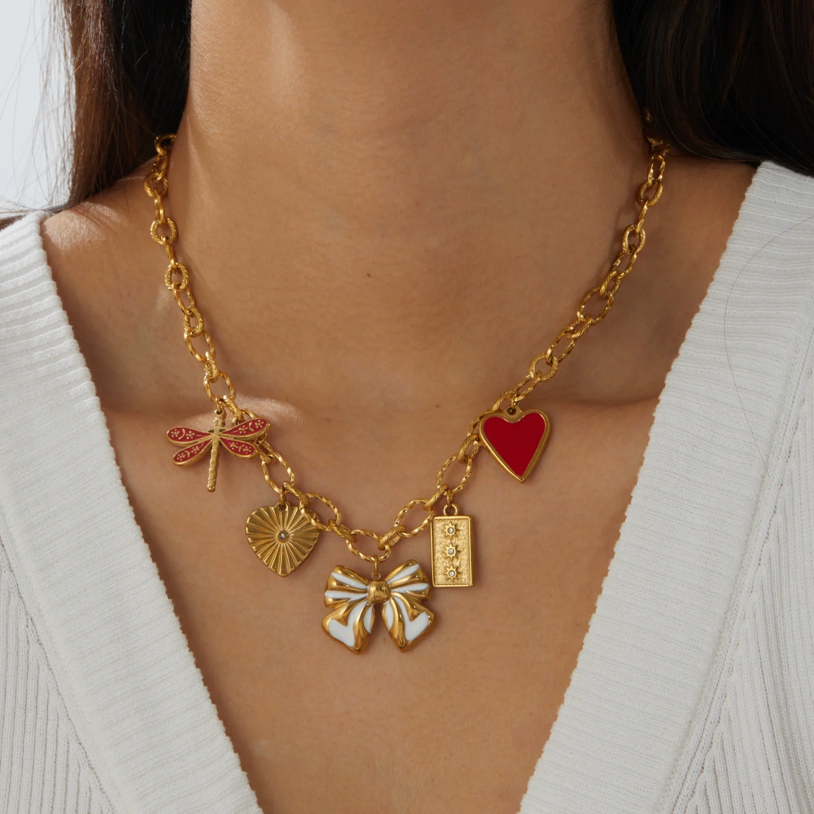 Wholesale Women's Goldplated Stainless Steel Insect Heart Shape Bow Pendant Necklace With Flash O Chain - Image 2