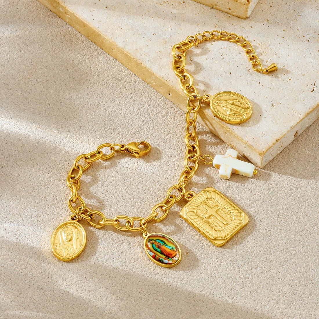 Wholesale Women's Goldplated Stainless Steel Jewelry Set With Cross Crown Roman Numerals Pattern O Word Chain - Image 3