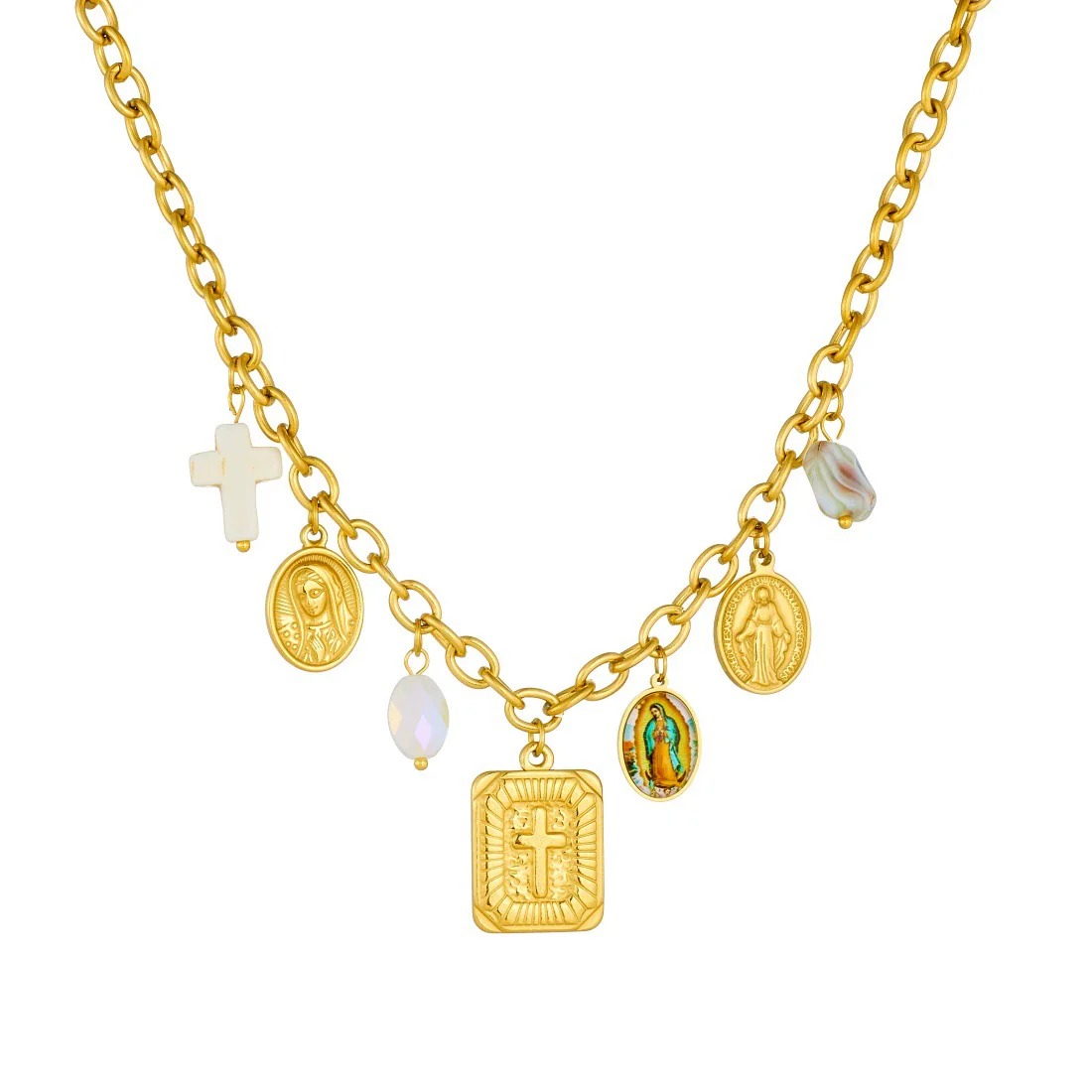 Wholesale Women's Goldplated Stainless Steel Jewelry Set With Cross Crown Roman Numerals Pattern O Word Chain - Image 5