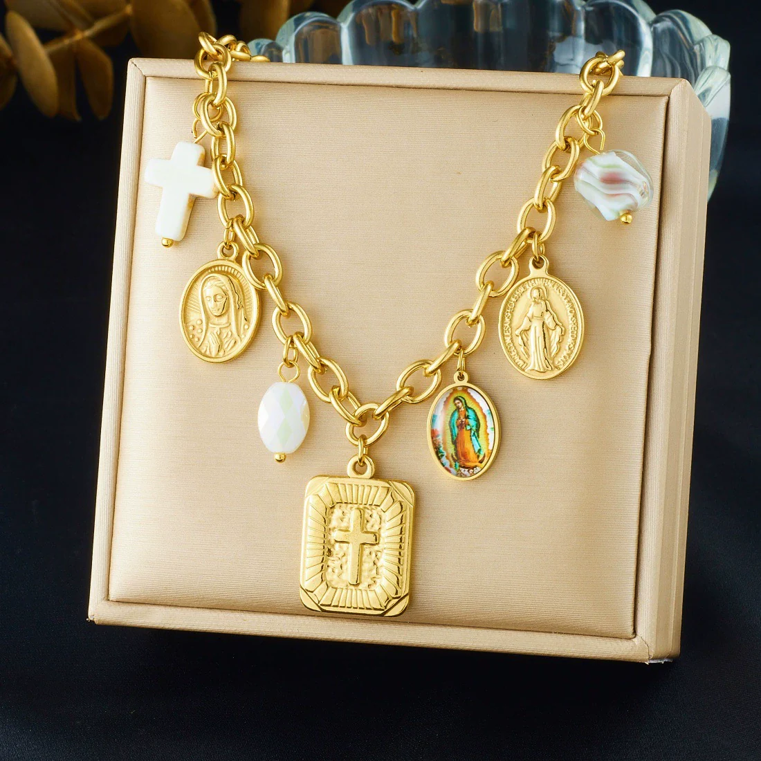 Wholesale Women's Goldplated Stainless Steel Jewelry Set With Cross Crown Roman Numerals Pattern O Word Chain - Image 6
