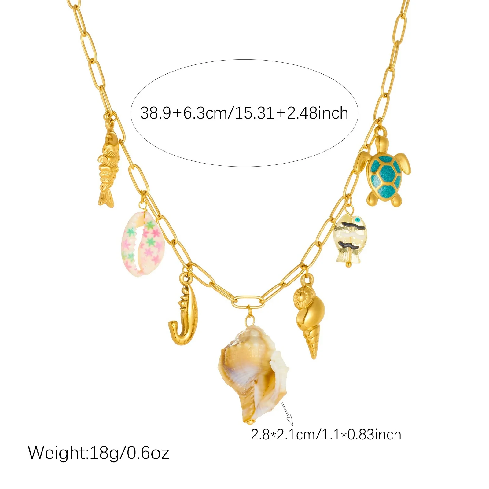 Wholesale Women's Goldplated Stainless Steel Marine Life Conch And Small Fish Pendant Necklace With Flat Cross Chain - Image 4