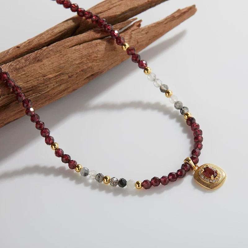 Wholesale Women's Handmade 925 Sterling Silver Geometric Natural Black Hair Crystal Garnet Color Necklace