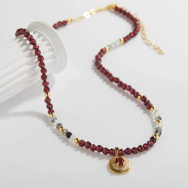 Wholesale Women's Handmade 925 Sterling Silver Geometric Natural Black Hair Crystal Garnet Color Necklace - Image 2
