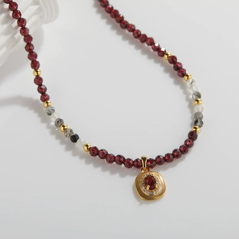 Wholesale Women's Handmade 925 Sterling Silver Geometric Natural Black Hair Crystal Garnet Color Necklace - Image 3