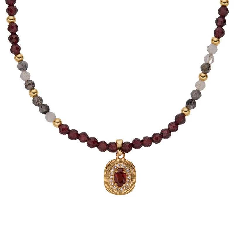 Wholesale Women's Handmade 925 Sterling Silver Geometric Natural Black Hair Crystal Garnet Color Necklace - Image 5