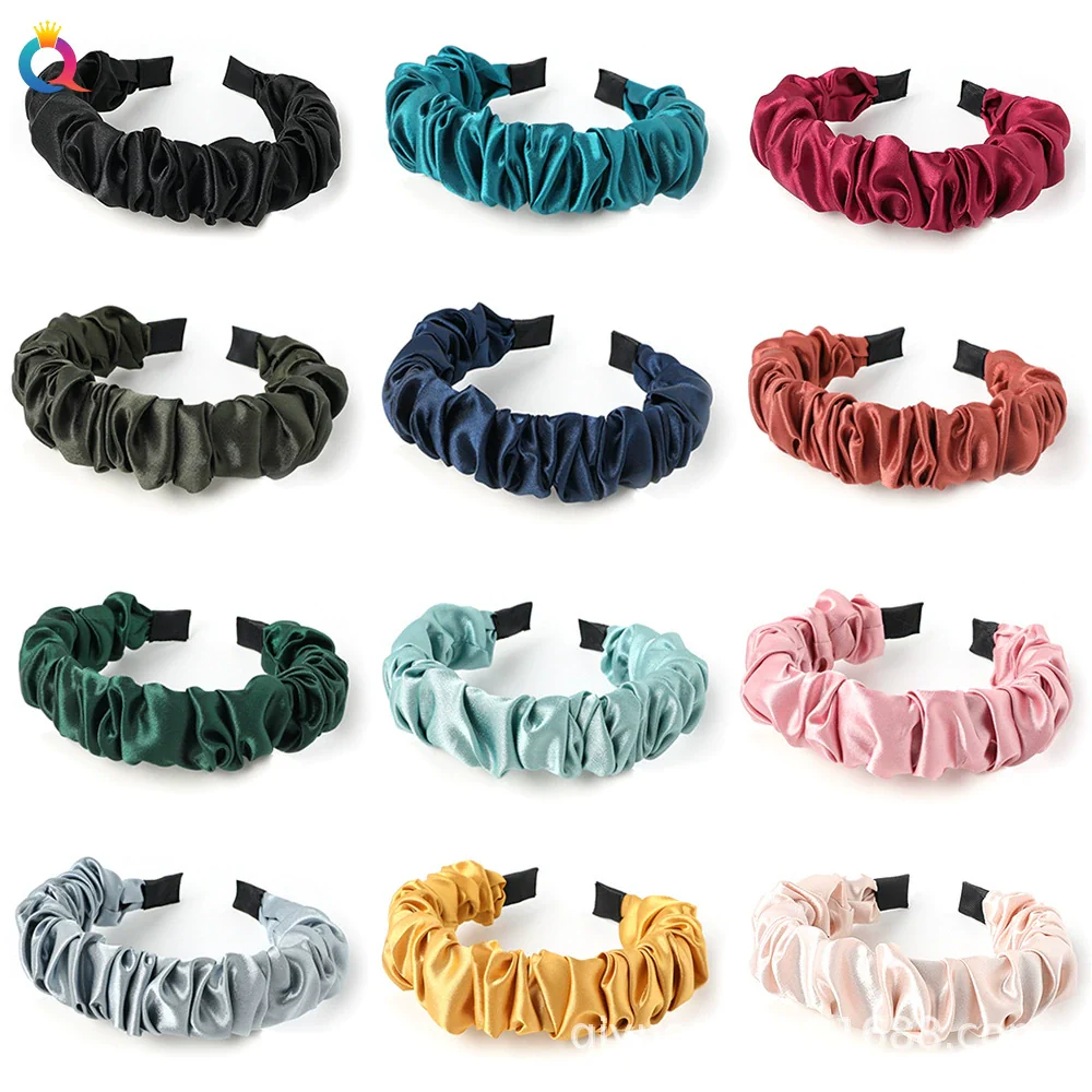 Wholesale Women's Handmade Cloth Pleated Solid Color Satin Headband Hair Accessory
