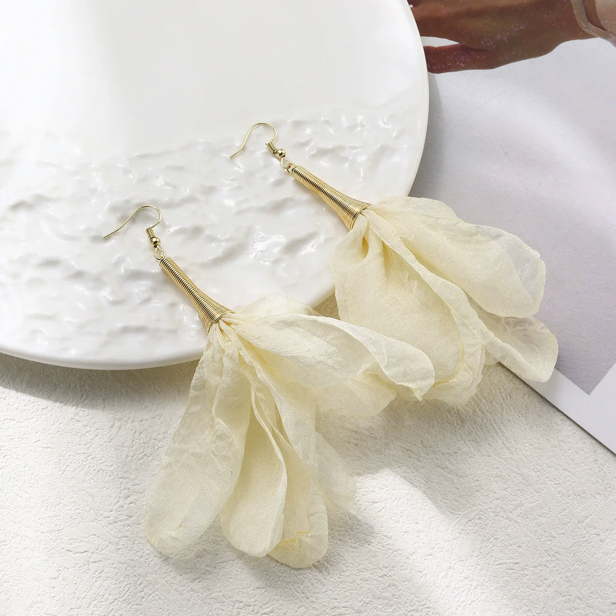 Wholesale Women's Handmade Fabric Flower Exaggerated Large Long Tassel Earrings Sweet Style - Image 3