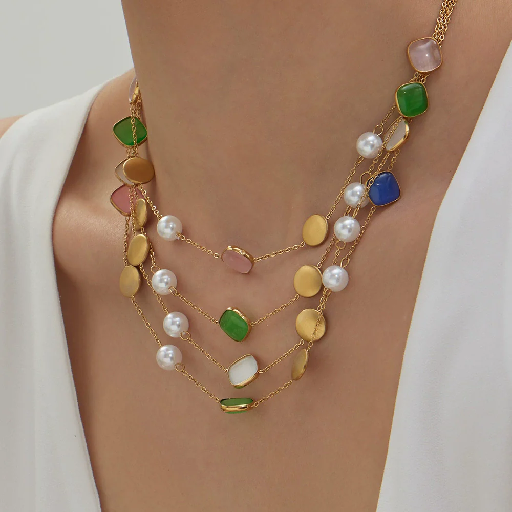 Wholesale Women's Handmade Geometric Stainless Steel Rubber Bead Clavicle Necklace With 18K Real Gold Texture Plating - Image 3