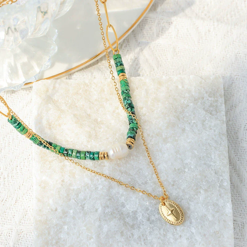 Wholesale Women's Handmade Highgrade Natural Stone Doublelayer Clavicle Chain Necklace With Geometric Pattern Titanium Steel Pendant And Electroplating Process