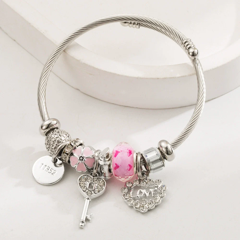 Wholesale Women's Handmade Stainless Steel Alloy Crystal Beaded Love Key Pendant Bracelet - Image 8