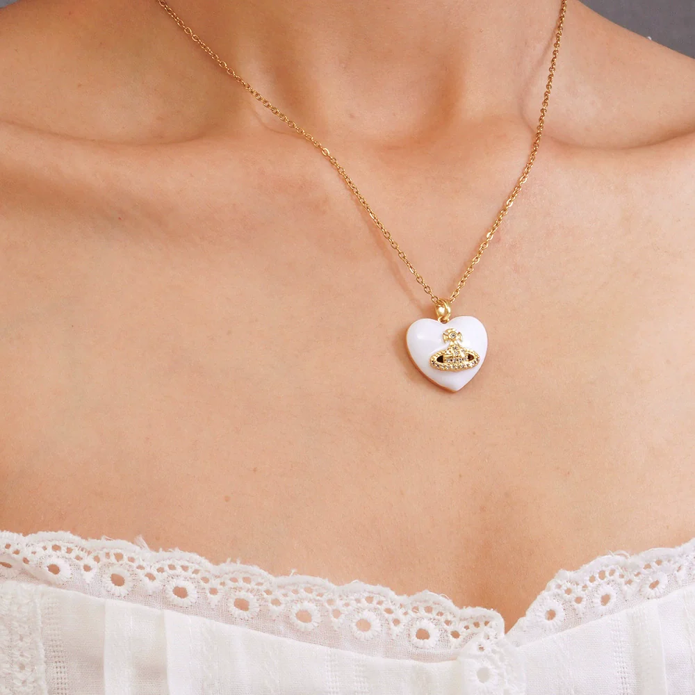 Wholesale Women's Heartshaped Copper Stainless Steel Clavicle Chain Choker With Mixed Gemstone Pendant And Electroplating - Image 6