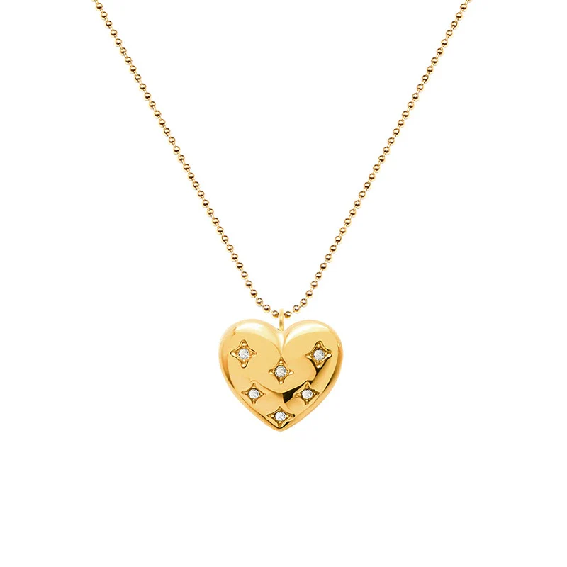 Wholesale Women's Heartshaped Diamondencrusted Ball Bead Chain Titanium Steel 18K Gold Plated Necklace Jewelry - Image 4