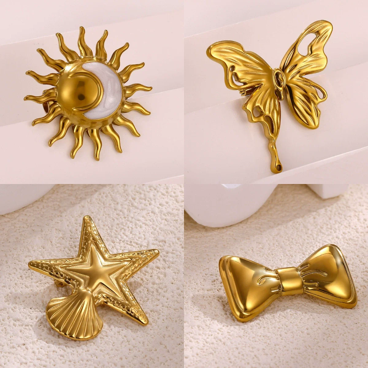 Wholesale Women's Highend Retro Elegant Bow Tie Starfish Stainless Steel Brooch Inlaid With Gold Accessories