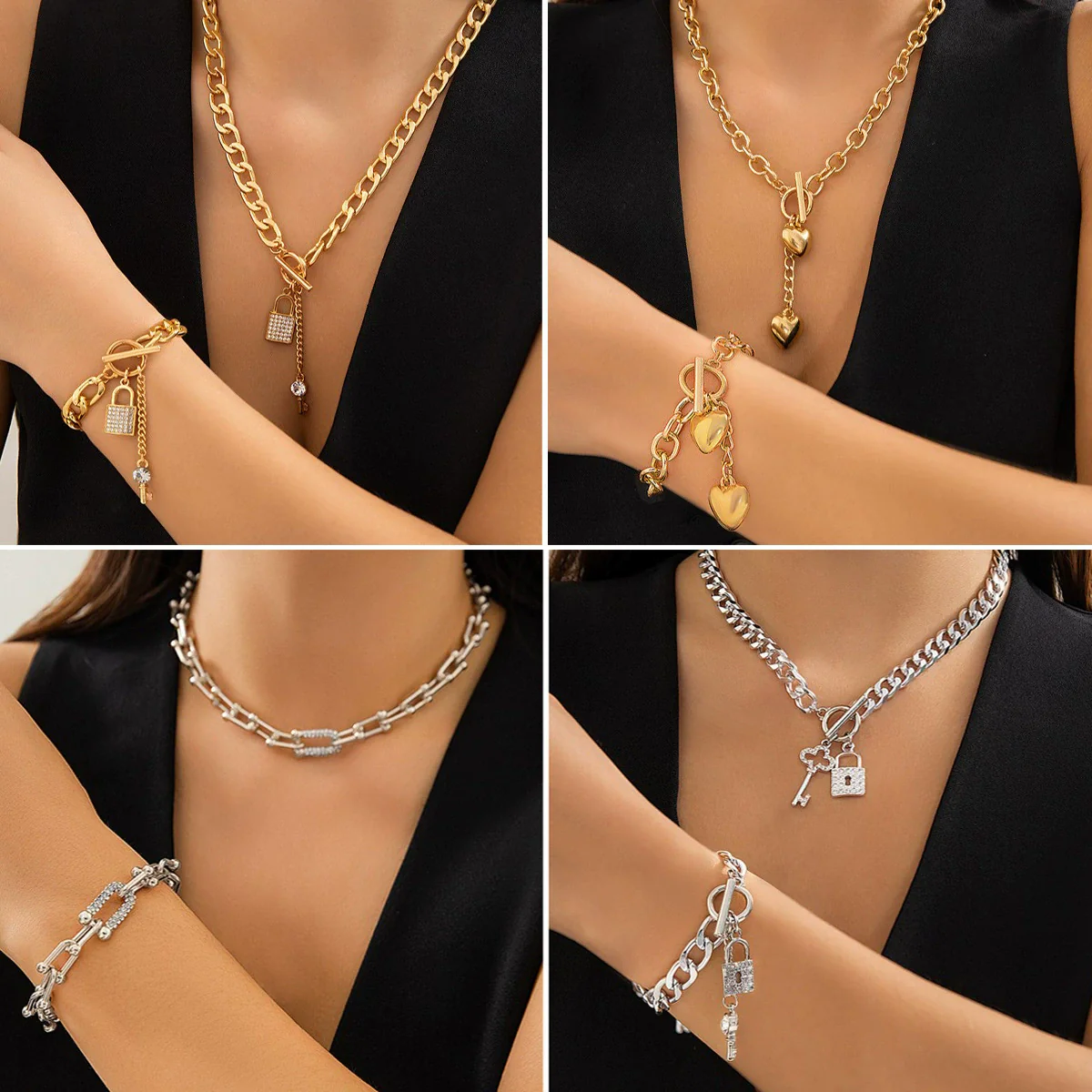 Wholesale Women's Hip Hop Style Iron Chain Alloy Heart Shape Pendant Necklace With Electroplating Treatment