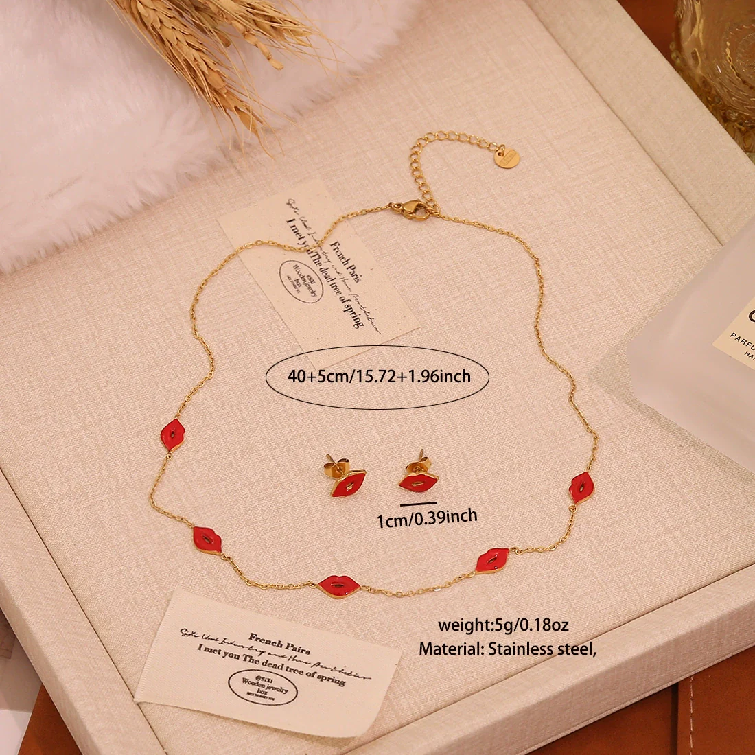 Wholesale Women's Ice Cute Red Lips Love Heart Shape Titanium Steel Necklace Set With Vacuum Plating In Furnace For Accessories - Image 6