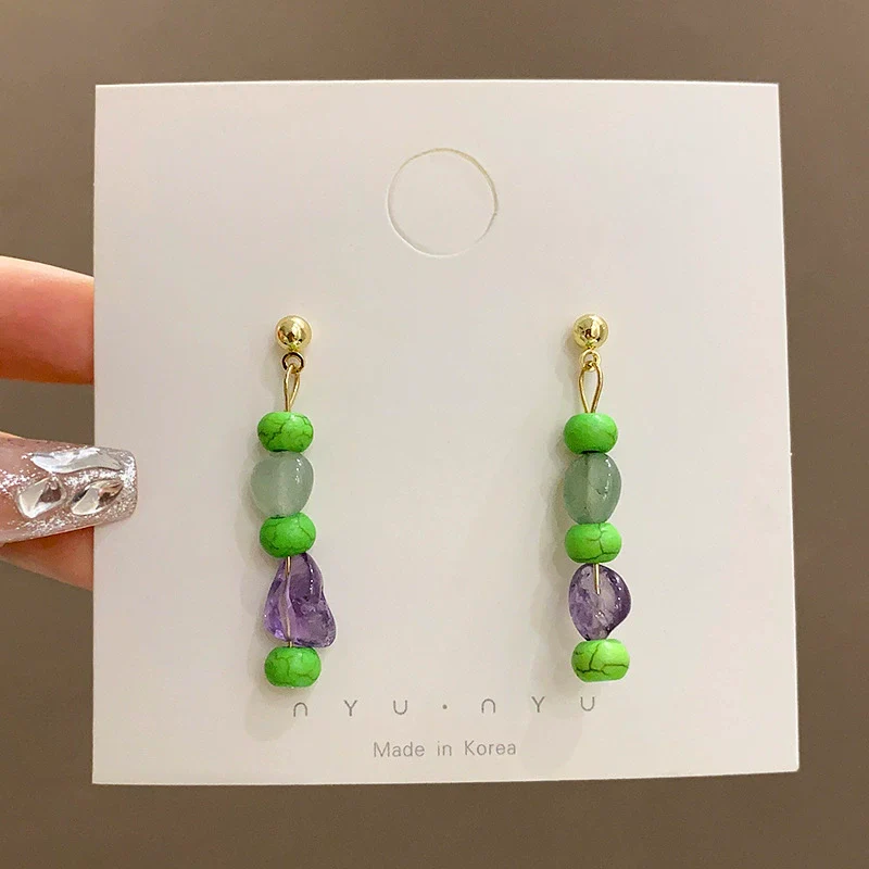 Wholesale Women's Imitation Natural Stone Beaded Tassel Long Earrings With Geometric Pattern And 225 Silver Ear Needles And Electroplating Process - Image 6